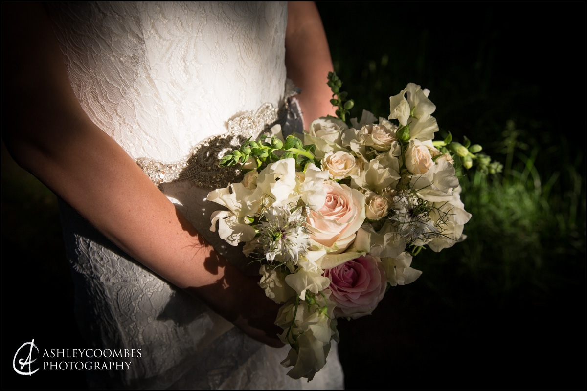 Bride's bouquet in evening sunshine