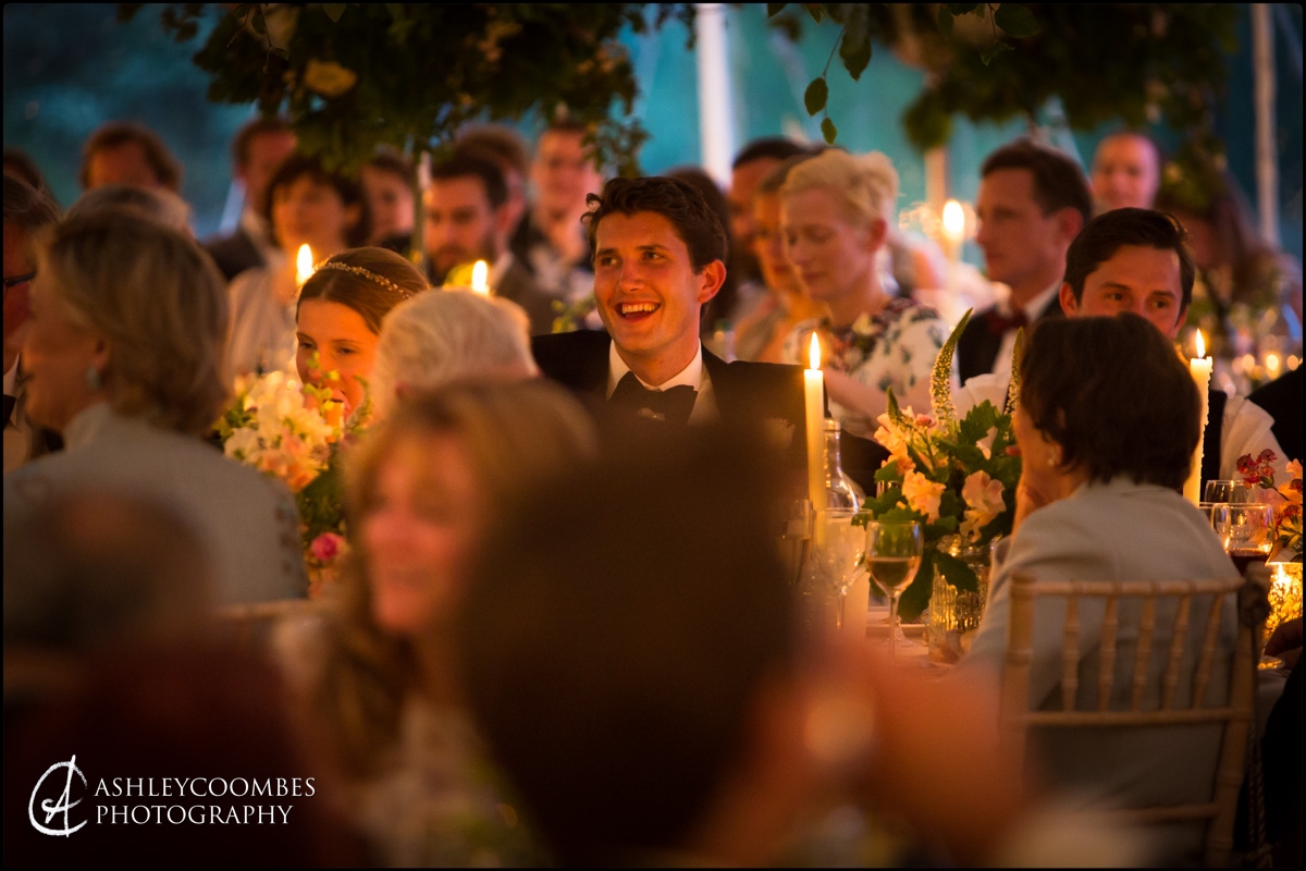 Candlelit marquee wedding tables