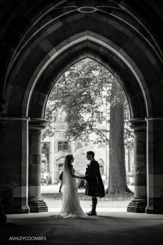 wedding portrait in Glasgow Uni cloisters