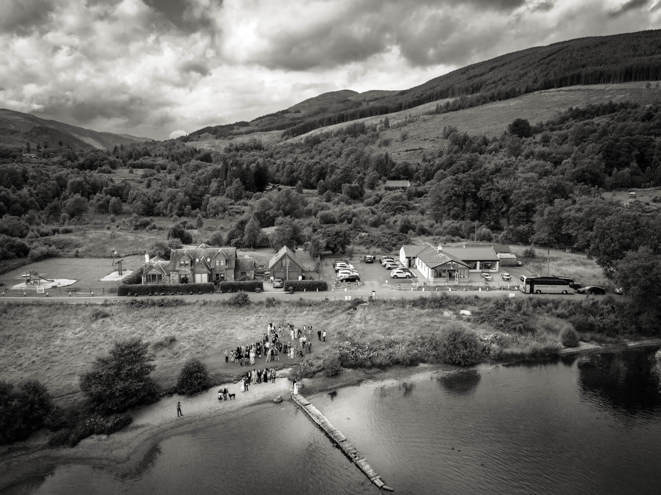 Kinlochard Village Hall black and white by drone