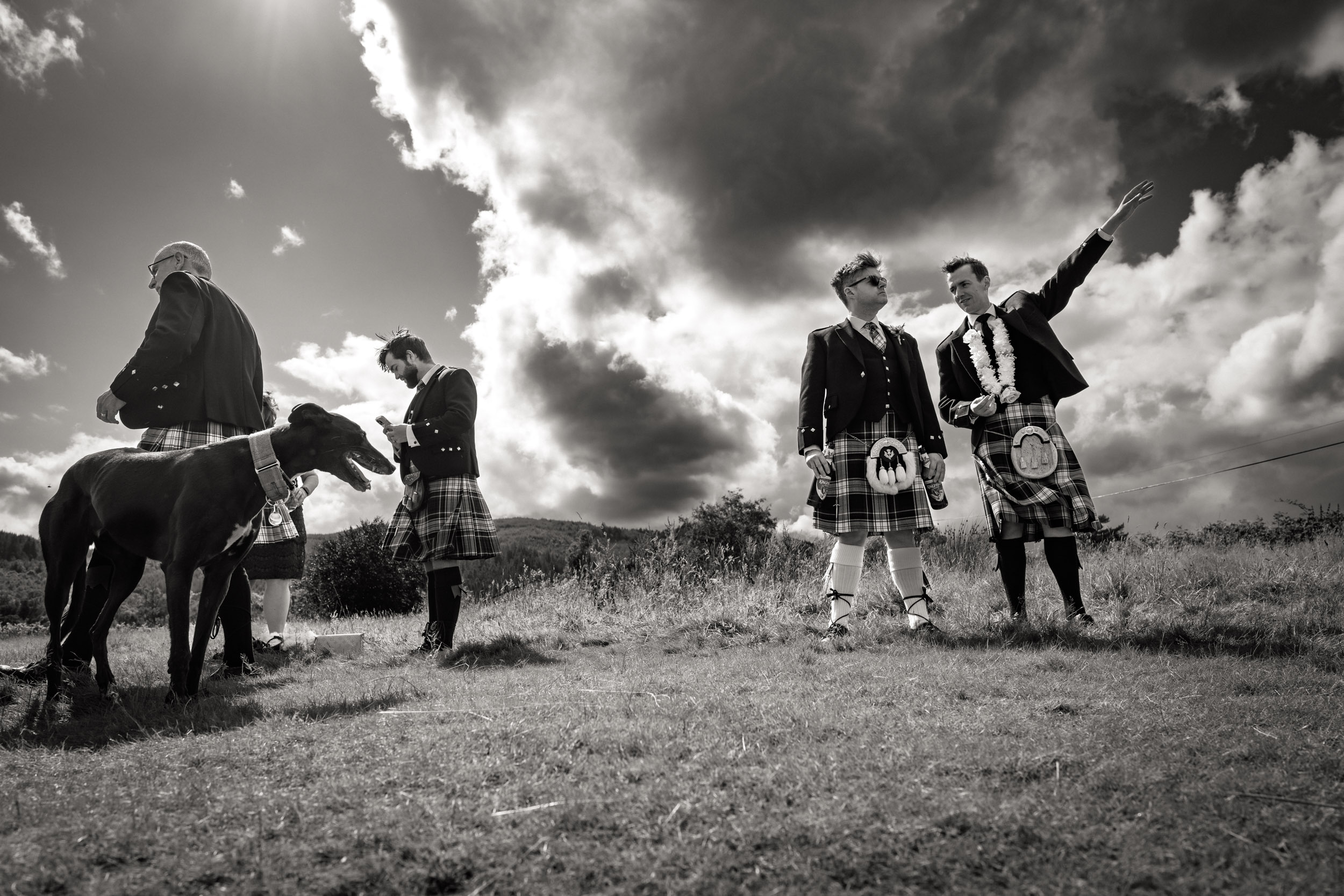 Black and white Kinlochard Village Hall wedding photo